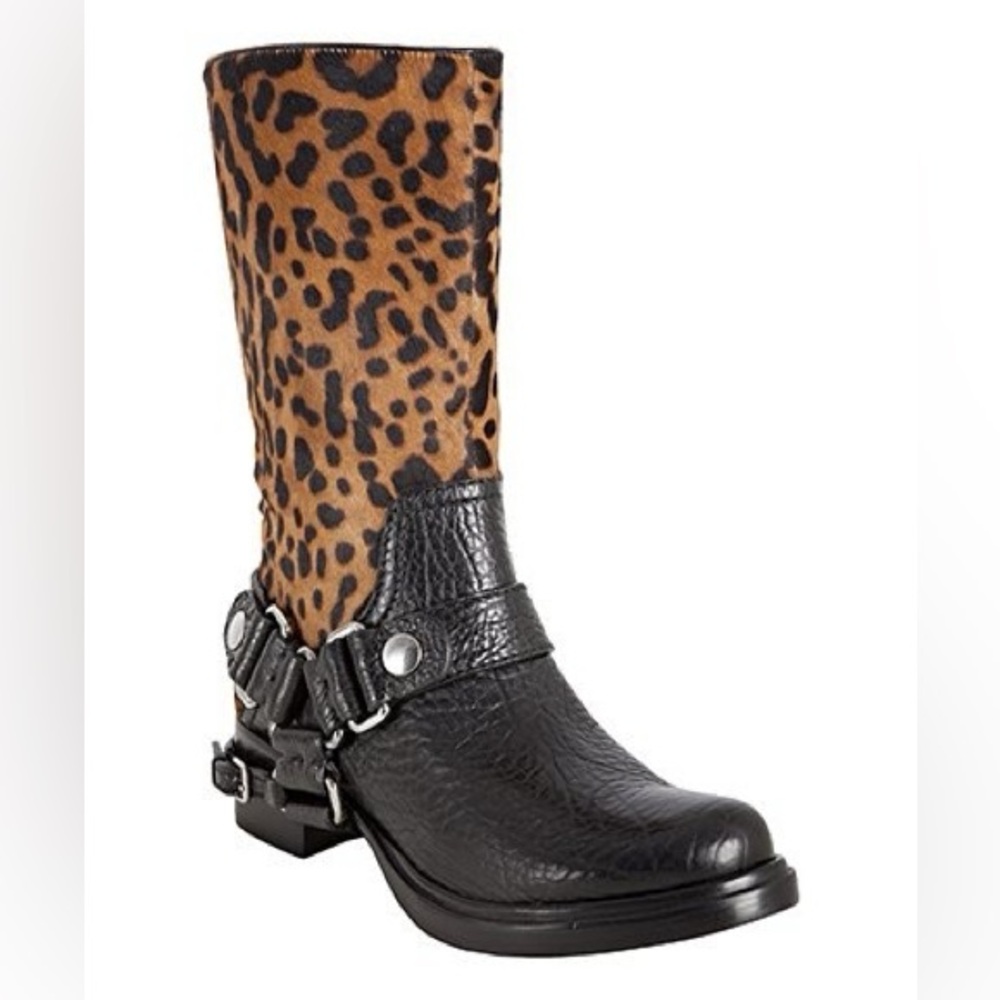 Miu Miu Prada Leather Black Leopard print calf hair moto motorcycle boots GUC 35